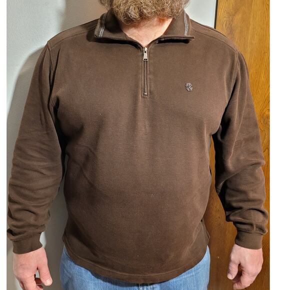 IZOD Men Brown Quarter Zip Sweater Large Cotton 3D Chest Logo Collared Old Money - Picture 1 of 10